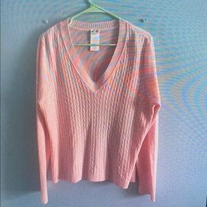Pink V-Neck Cable Knit Sweater
